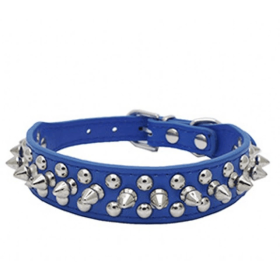 Spiked Studded Leather Dog Collar Rivets Pet Small Large Cat Pit Bull Adjustable (Color: Navy Blue, size: S)