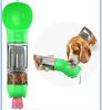 Portable 4-in-1 Pet Water Bottle With Food Storage, Poop Bag Dispenser, and Spoon. 300ml Capacity. Available In Yellow, Pink, Green, and Other Colors.
